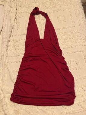 SHEIN Burgundy Halter Ruched Bodycon Dress